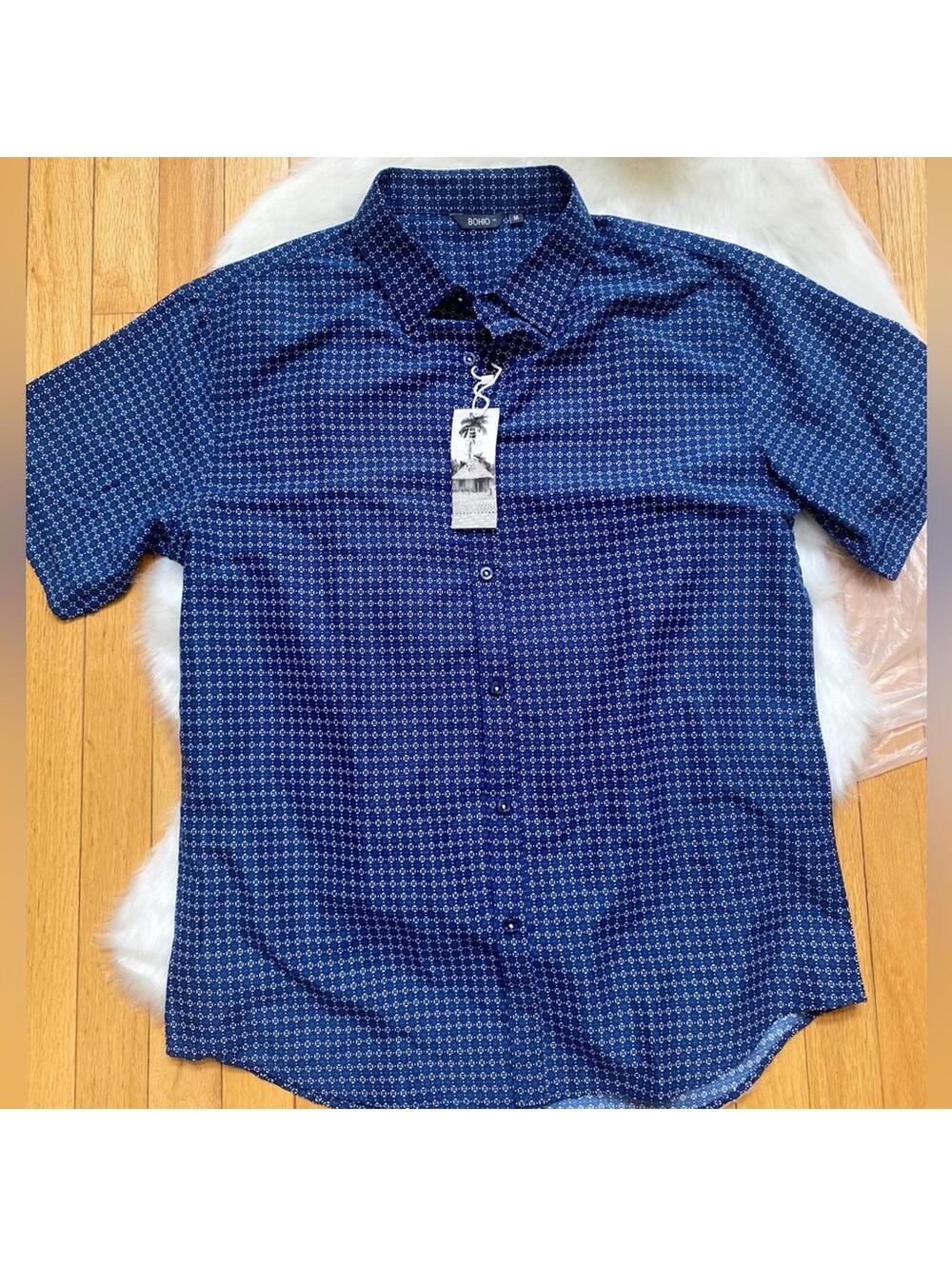 Bohio Blue Patterned Short Sleeve Button-Up Shirt Medium